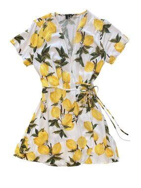 Women's LULU'S A La Tart White and Yellow Lemon Print Mini Wrap Dress Size Small